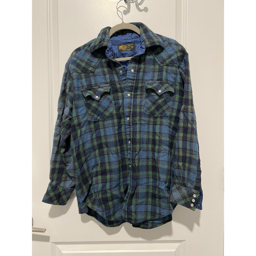 Vintage Kmart Plaid Wool Flannel Button Up‎ Shirt Size L Machine Washable Blue
